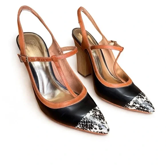 ⭐️ Coach Black Tan Slingback Heels T-Strap with Chunky Heel Size 8B - Picture 5 of 14
